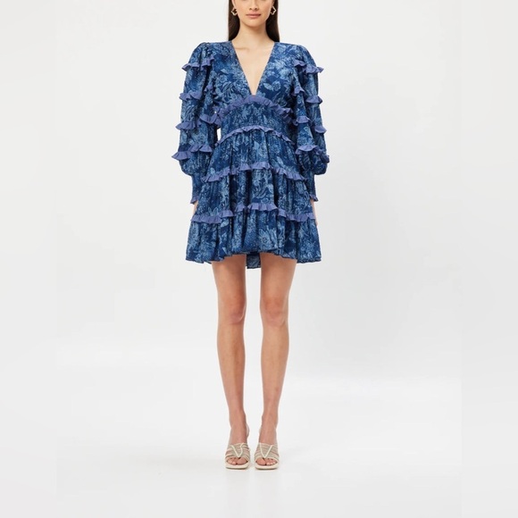 Elliatt Alvernia Ruffle Long Sleeve Mini Dress in Navy Blue Size XL - Picture 13 of 14